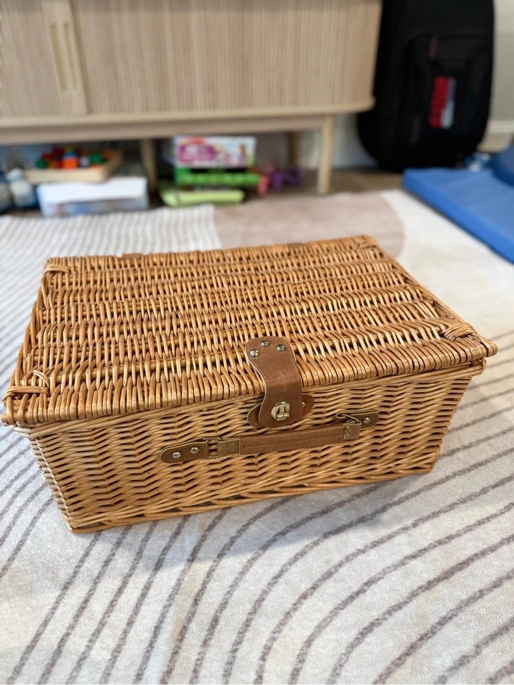 Wicker Storage Basket with Leather Strap - Natural Brown